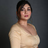 Cream Half Sleeve Blouse in Cotton with Round Neckline - Anvi Couture