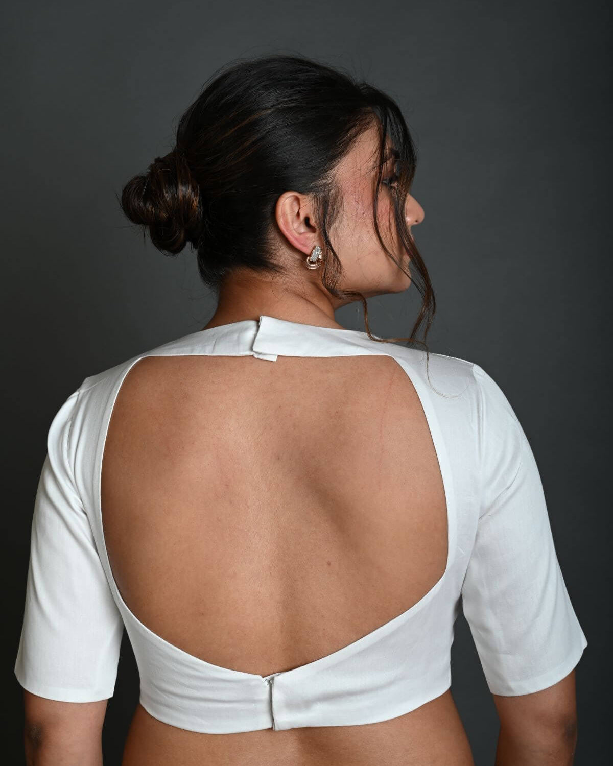 White Half Sleeve Blouse in Cotton with Square Neckline and Strappy Back Hook Closure - Anvi Couture