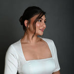 White Half Sleeve Blouse in Cotton with Square Neckline and Strappy Back Hook Closure - Anvi Couture