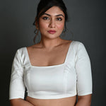 White Half Sleeve Blouse in Cotton with Square Neckline - Anvi Couture