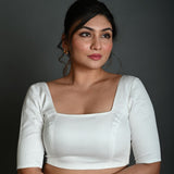 White Half Sleeve Blouse in Cotton with Square Neckline - Anvi Couture