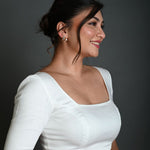 White Half Sleeve Blouse in Cotton with Square Neckline - Anvi Couture
