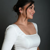 White Half Sleeve Blouse in Cotton with Square Neckline - Anvi Couture