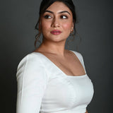 White Half Sleeve Blouse in Cotton with Square Neckline - Anvi Couture