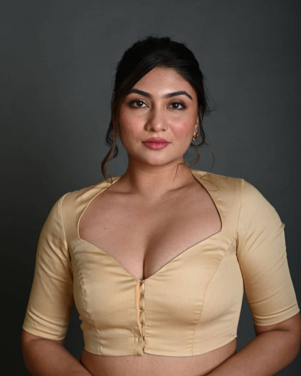 Cream Half Sleeve Blouse in Cotton with Sweetheart Neckline - Anvi Couture