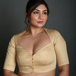 Cream Half Sleeve Blouse in Cotton with Sweetheart Neckline - Anvi Couture