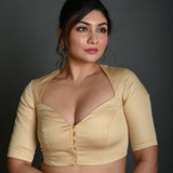 Cream Half Sleeve Blouse in Cotton with Sweetheart Neckline - Anvi Couture