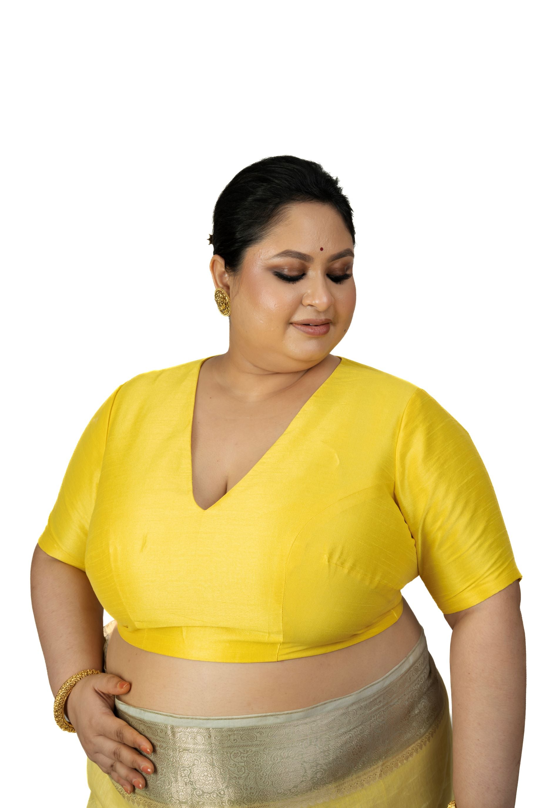 Butter Yellow Raw Silk Plus Size Blouse With Elbow Sleeves - image 2