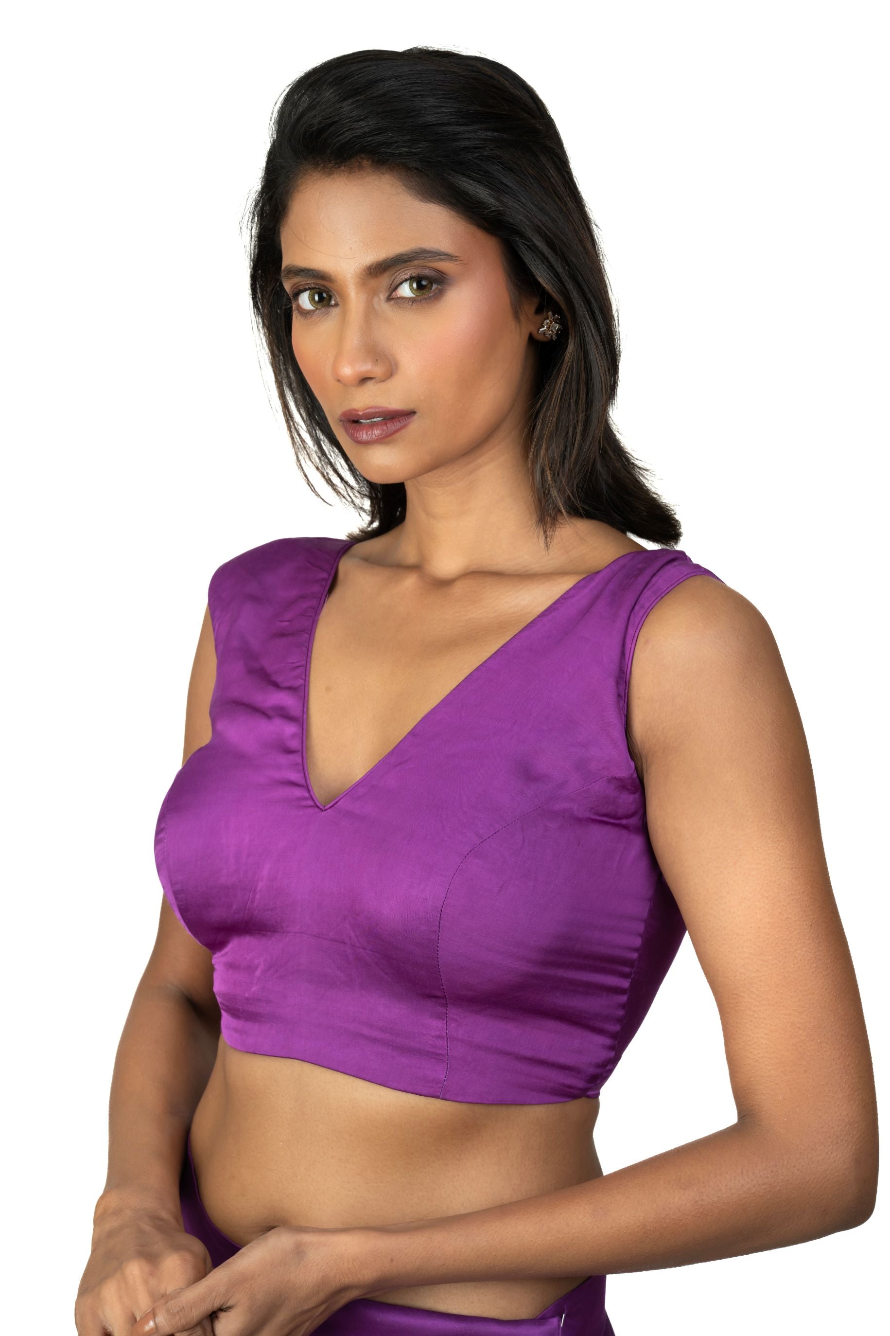 Purple V Neck Sleeveless Saree Blouse - image 3