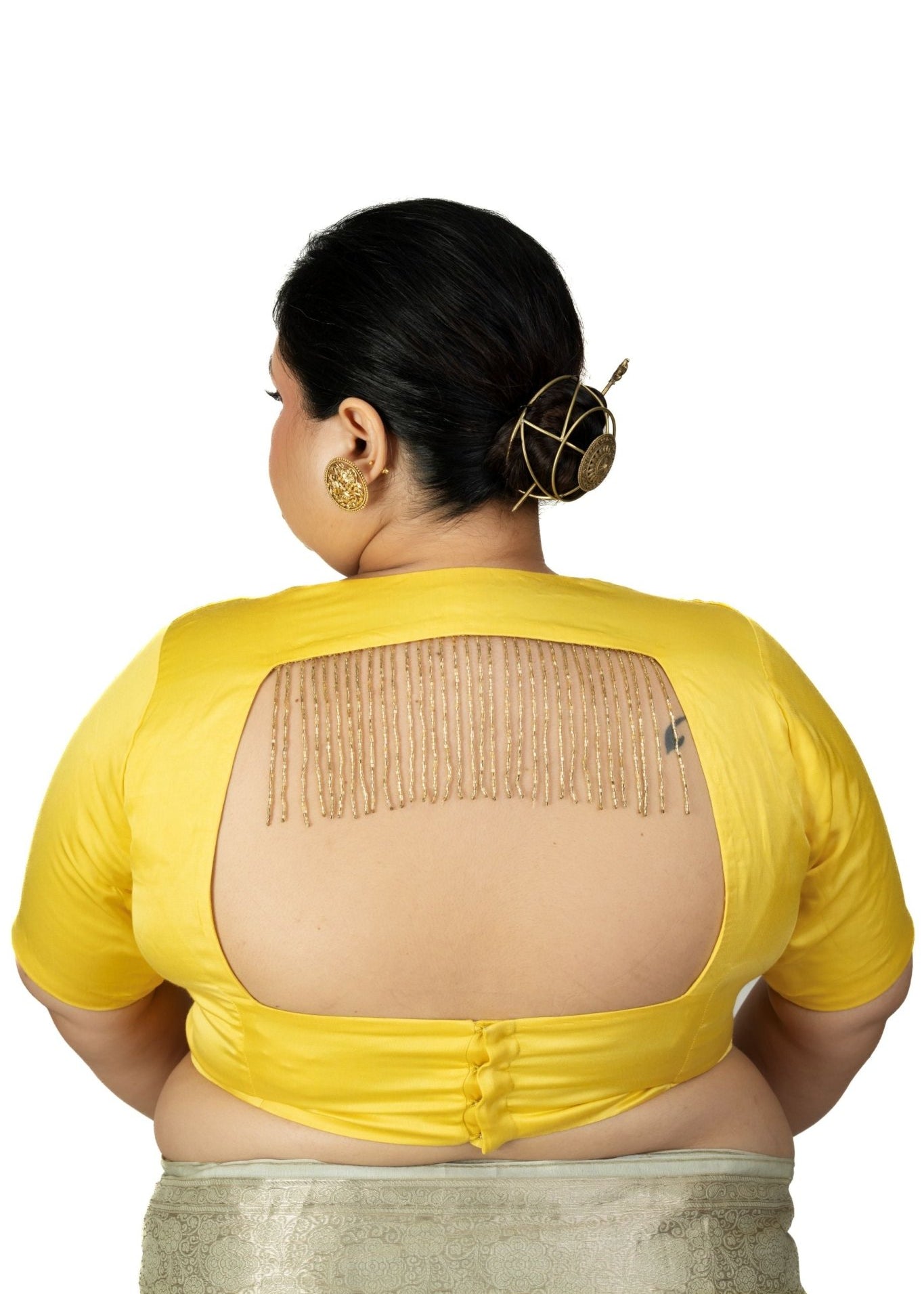 Yellow Sleeveless Plus Size U Neckline Saree Blouse - Anvi Couture