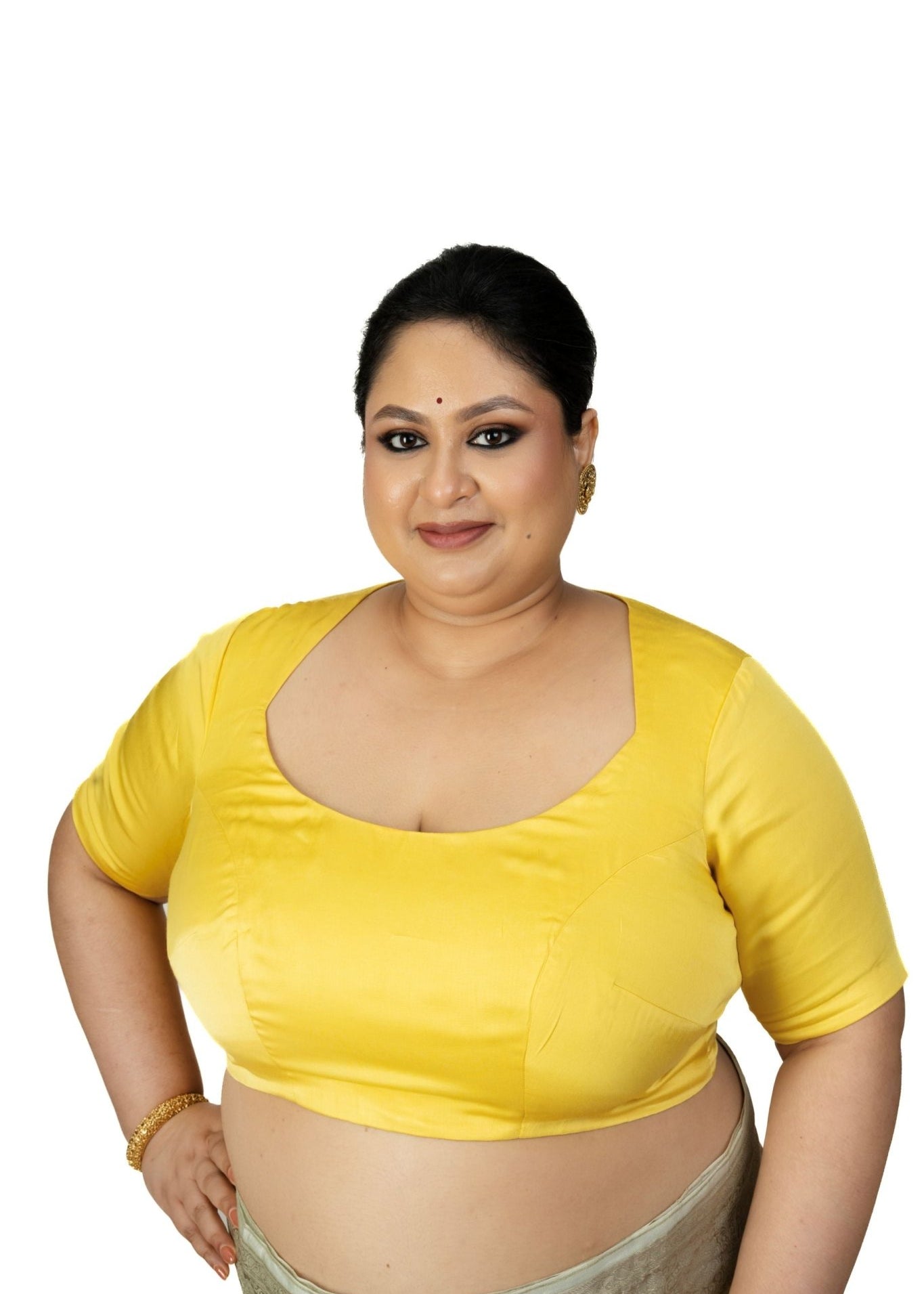 Yellow Sleeveless Plus Size U Neckline Saree Blouse - Anvi Couture