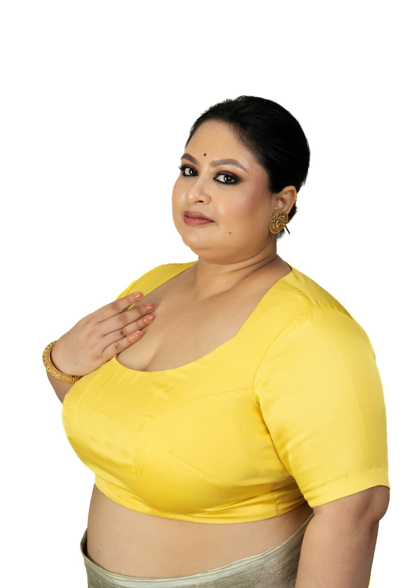 Yellow Sleeveless Plus Size U Neckline Saree Blouse - Anvi Couture