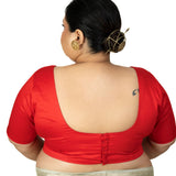 Red Plus Size Saree Blouse with U Neckline and Elbow Sleeves - Anvi Couture