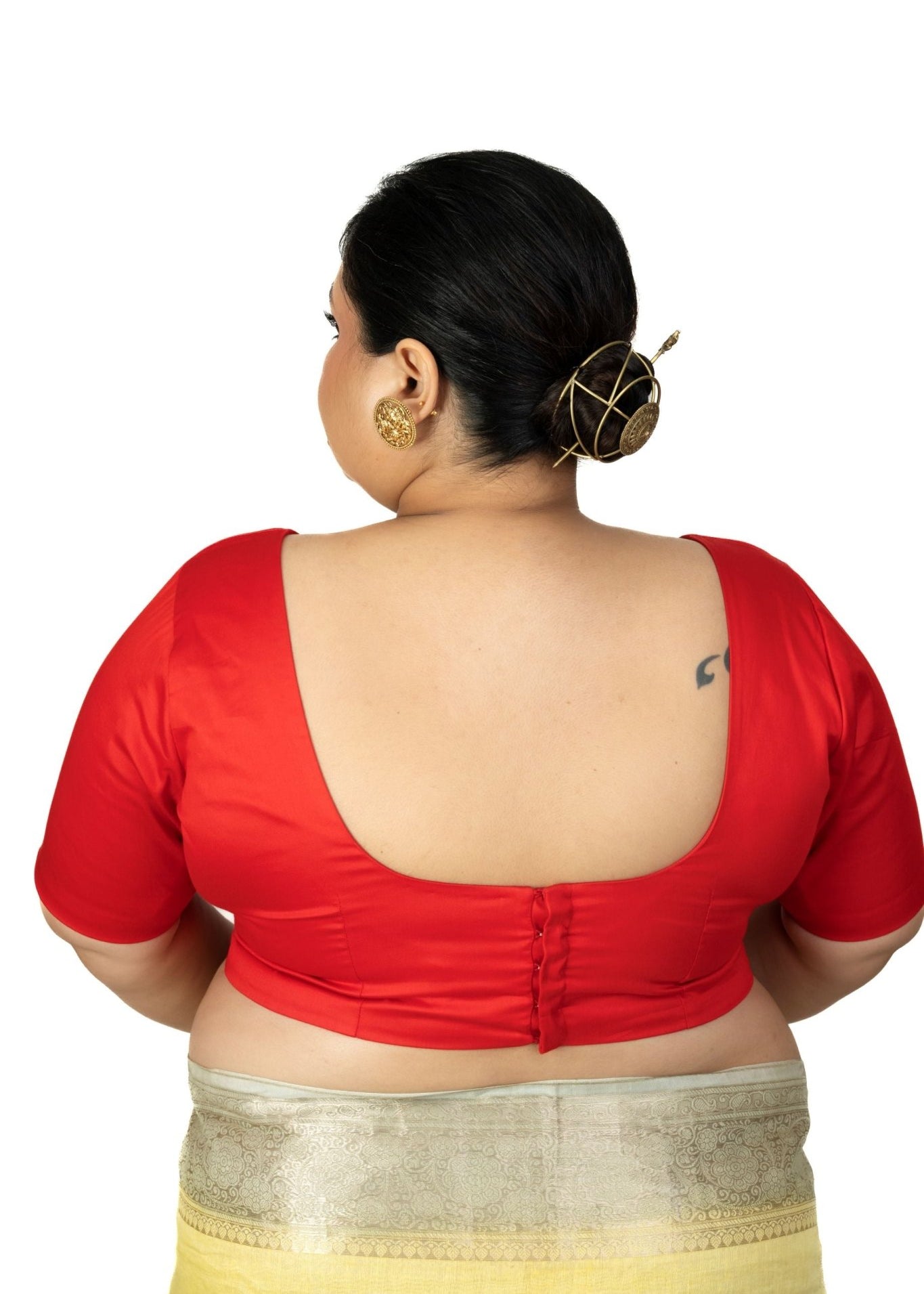 Red Plus Size Saree Blouse with U Neckline and Elbow Sleeves - Anvi Couture