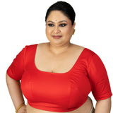 Red Plus Size Saree Blouse with U Neckline and Elbow Sleeves - Anvi Couture