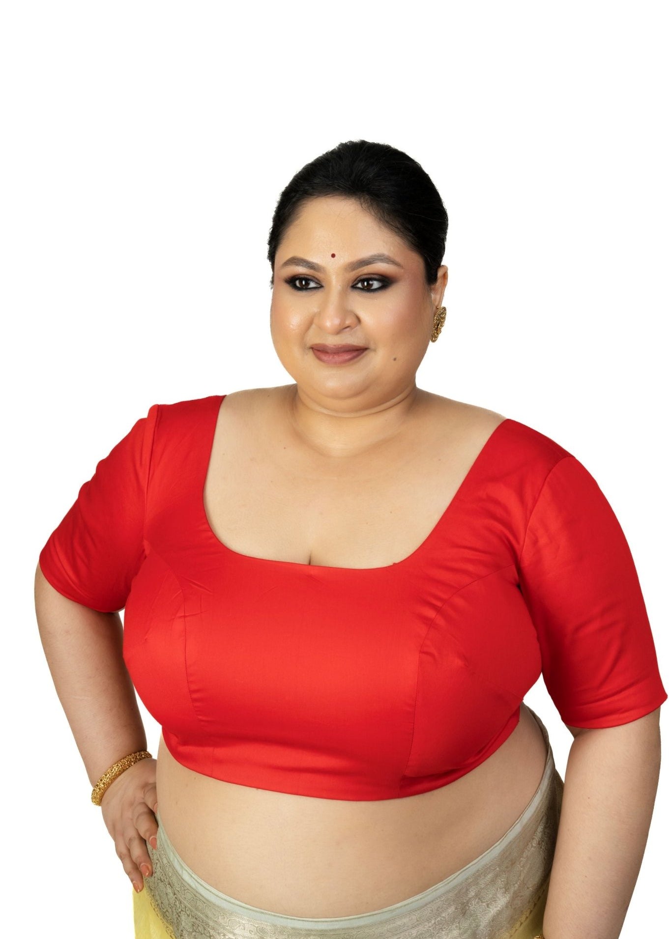 Red Plus Size Saree Blouse with U Neckline and Elbow Sleeves - Anvi Couture