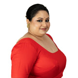 Red Plus Size Saree Blouse with U Neckline and Elbow Sleeves - Anvi Couture