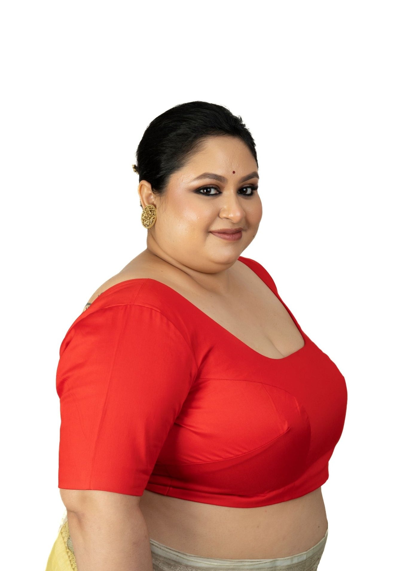 Red Plus Size Saree Blouse with U Neckline and Elbow Sleeves - Anvi Couture