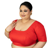Red Plus Size Saree Blouse with U Neckline and Elbow Sleeves - Anvi Couture