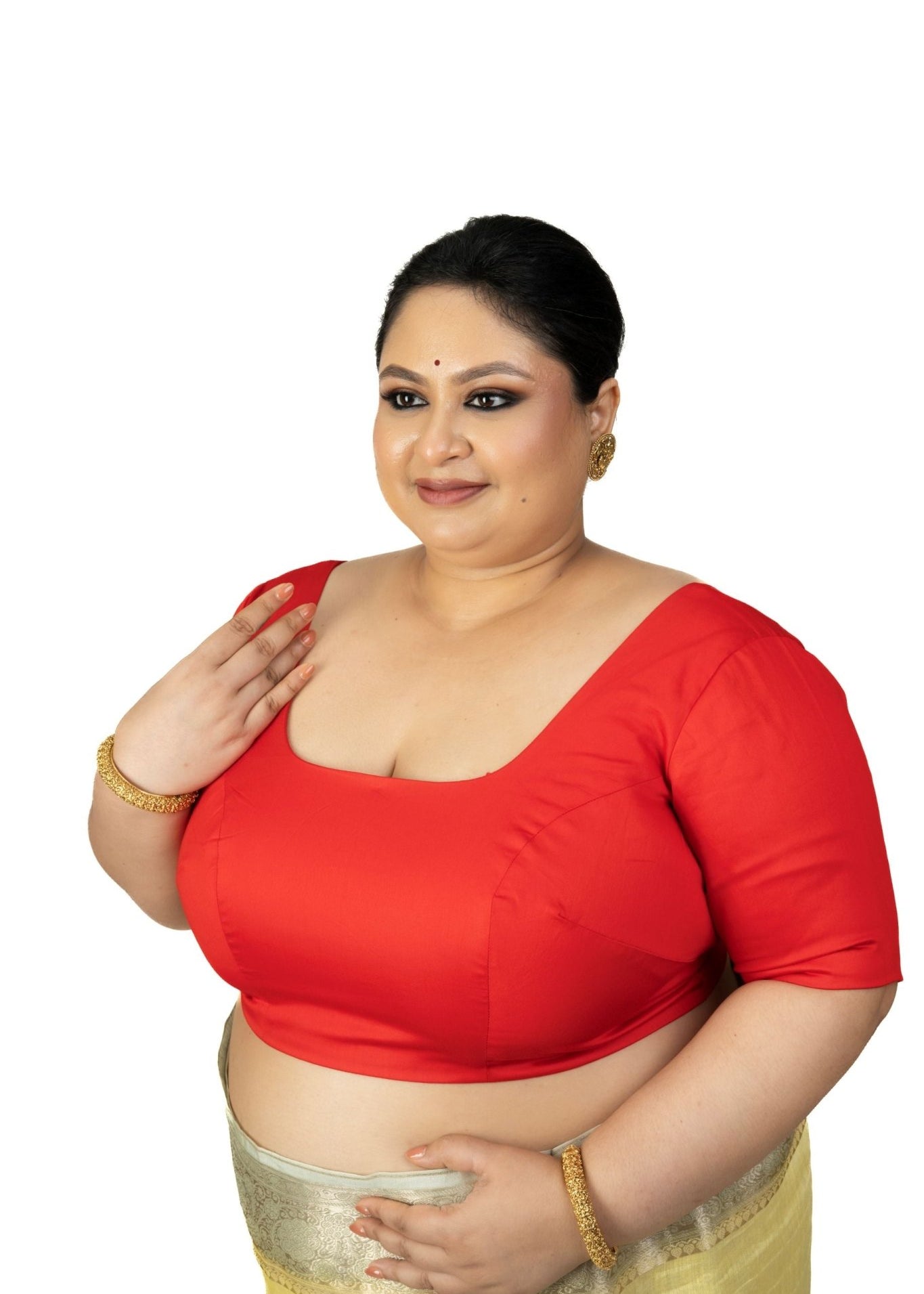 Red Plus Size Saree Blouse with U Neckline and Elbow Sleeves - Anvi Couture