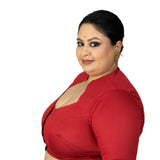 Maroon Diamond Neck Plus Size Saree Blouse with Elbow Sleeves - Anvi Couture