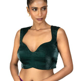 Dark Green Queen Anne Sleeveless Blouse in Silk Organza - Anvi Couture