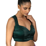 Dark Green Queen Anne Sleeveless Blouse in Silk Organza - Anvi Couture