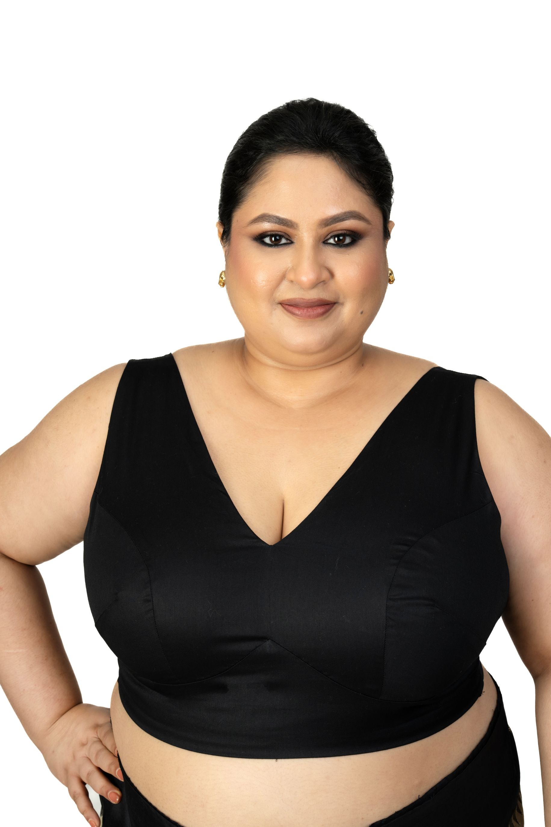 Black V Neck Plus Size Sleeveless Saree Blouse - image 1