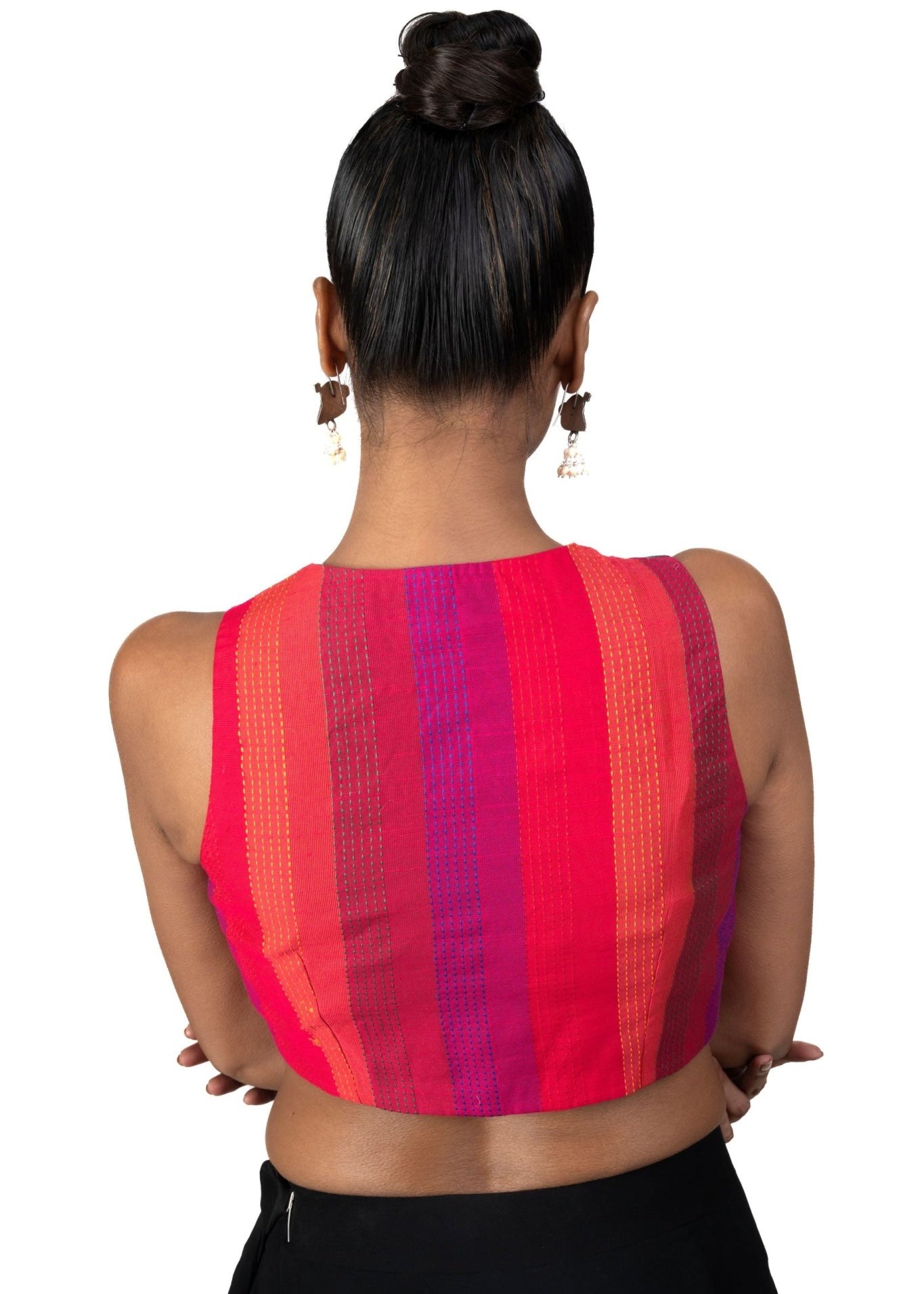 Green Multicolor Raw Silk Blouse With Close Neckline - Anvi Couture