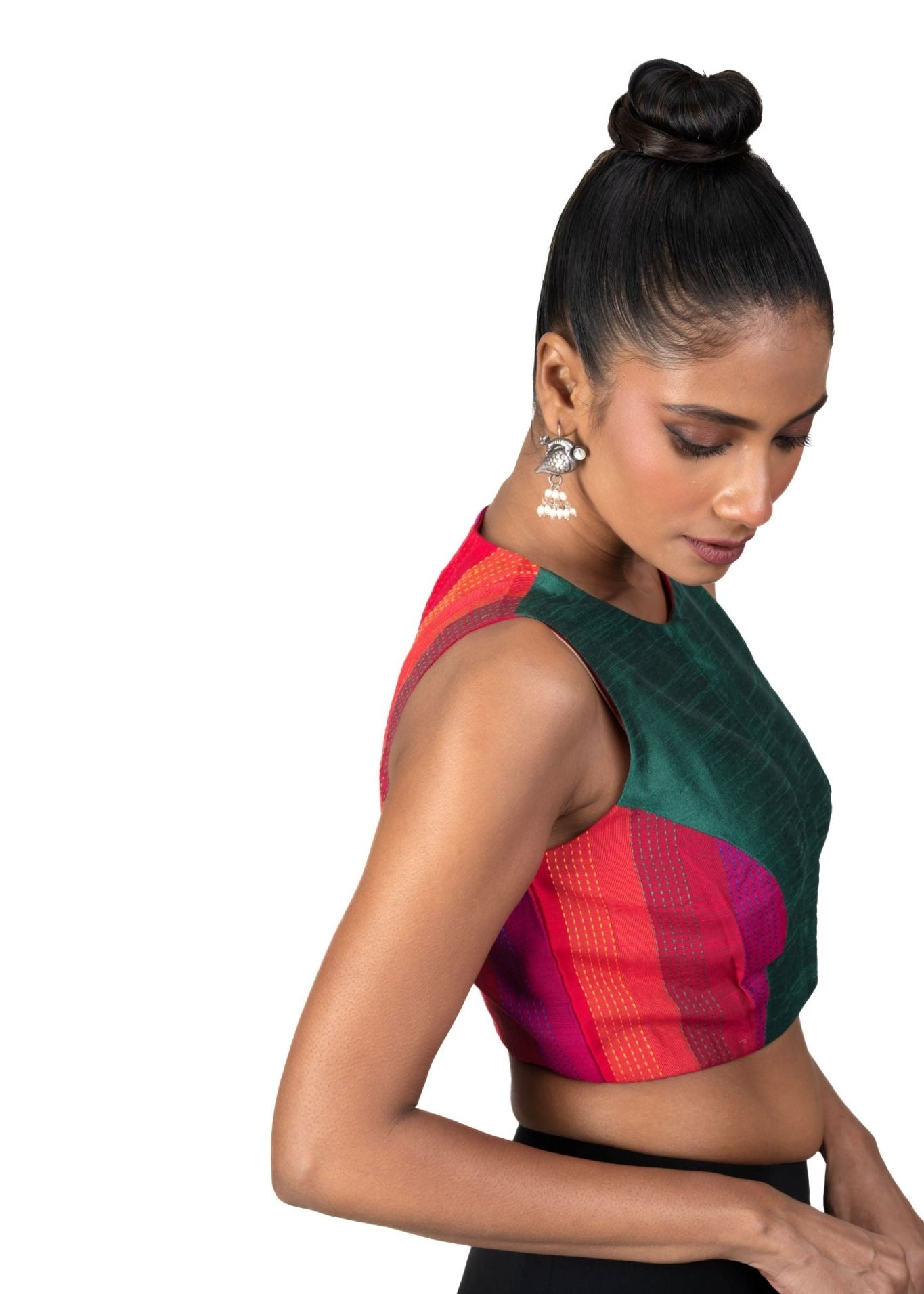 Green Multicolor Raw Silk Blouse With Close Neckline - Anvi Couture