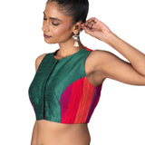 Green Multicolor Raw Silk Blouse With Close Neckline - image 2