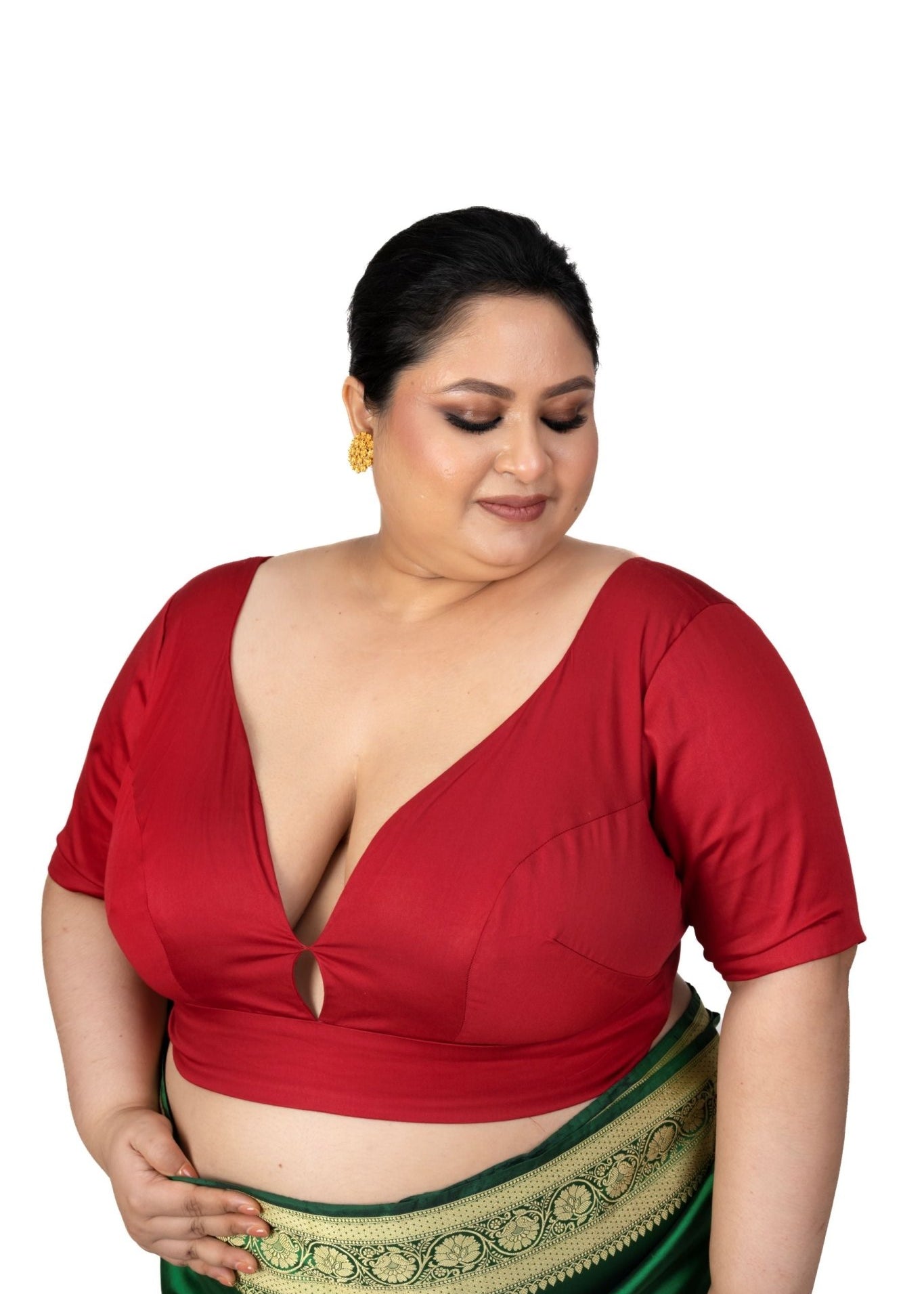 Dark Red Plus Size Sweet Heart Neckline Elbow Sleeve Blouse - Anvi Couture