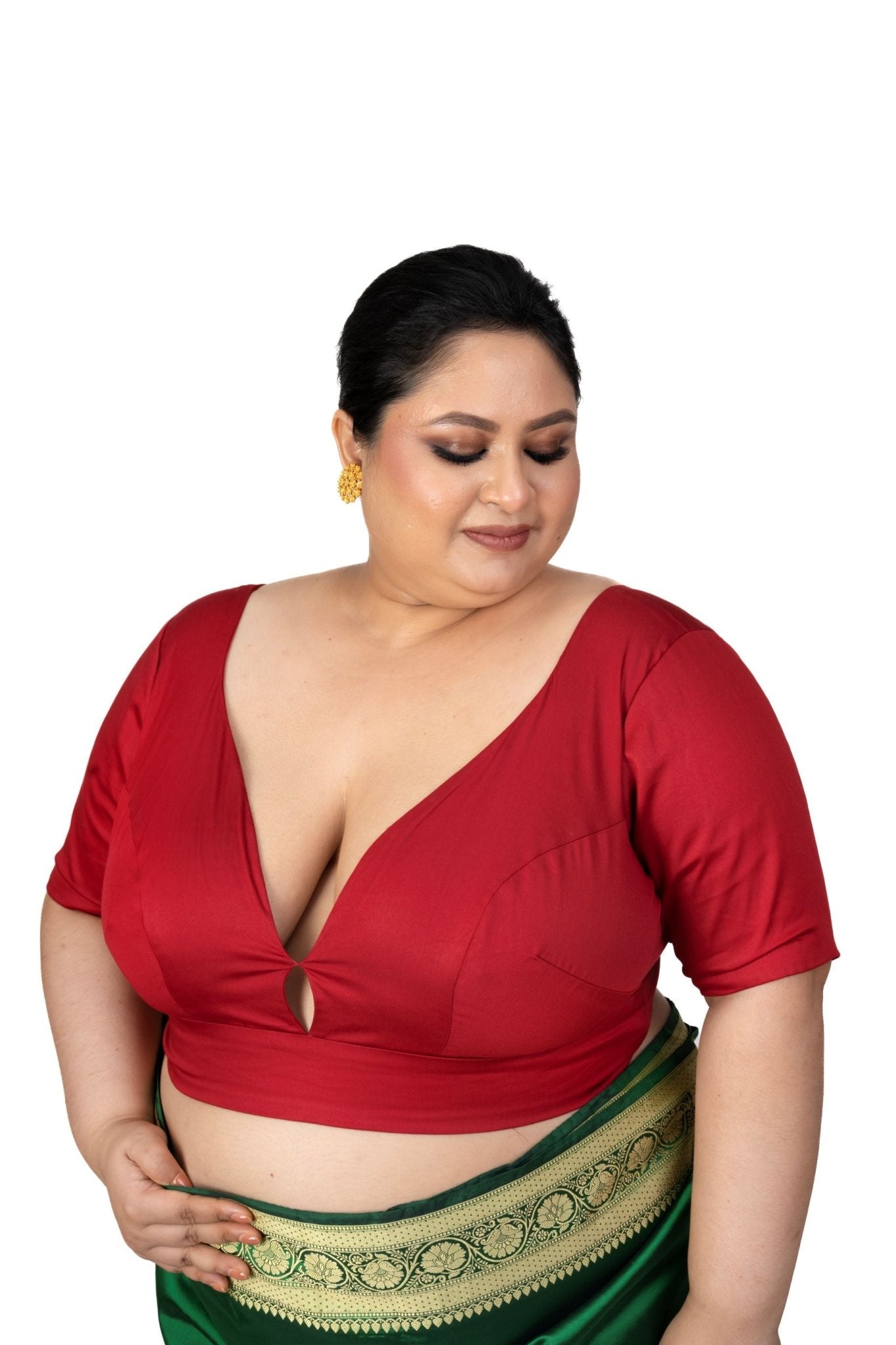Dark Red Plus Size Sweet Heart Neckline Elbow Sleeve Blouse - Anvi Couture