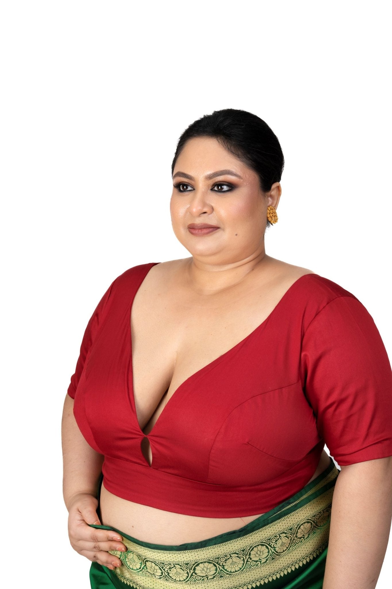 Dark Red Plus Size Sweet Heart Neckline Elbow Sleeve Blouse - Anvi Couture