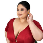 Dark Red Plus Size Sweet Heart Neckline Elbow Sleeve Blouse - Anvi Couture