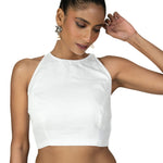 White Raw Silk Sleeveless Saree Blouse with Close Neckline - image 1