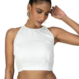 White Raw Silk Sleeveless Saree Blouse with Close Neckline - image 1