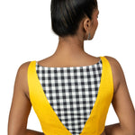 Yellow and Black Check Sleeveless Saree Blouse with Boat Neckline - Anvi Couture