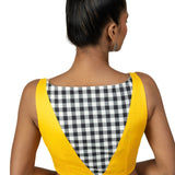 Yellow and Black Check Sleeveless Saree Blouse with Boat Neckline - Anvi Couture