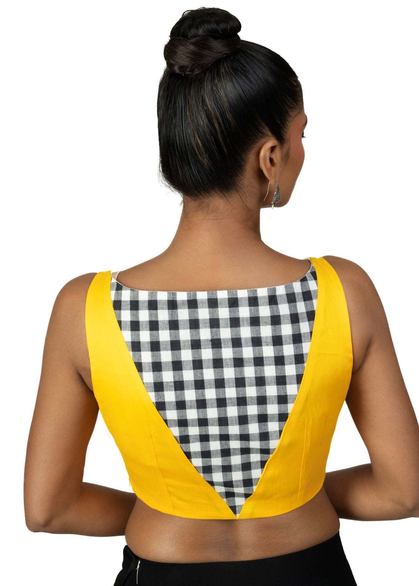 Yellow and Black Check Sleeveless Saree Blouse with Boat Neckline - Anvi Couture