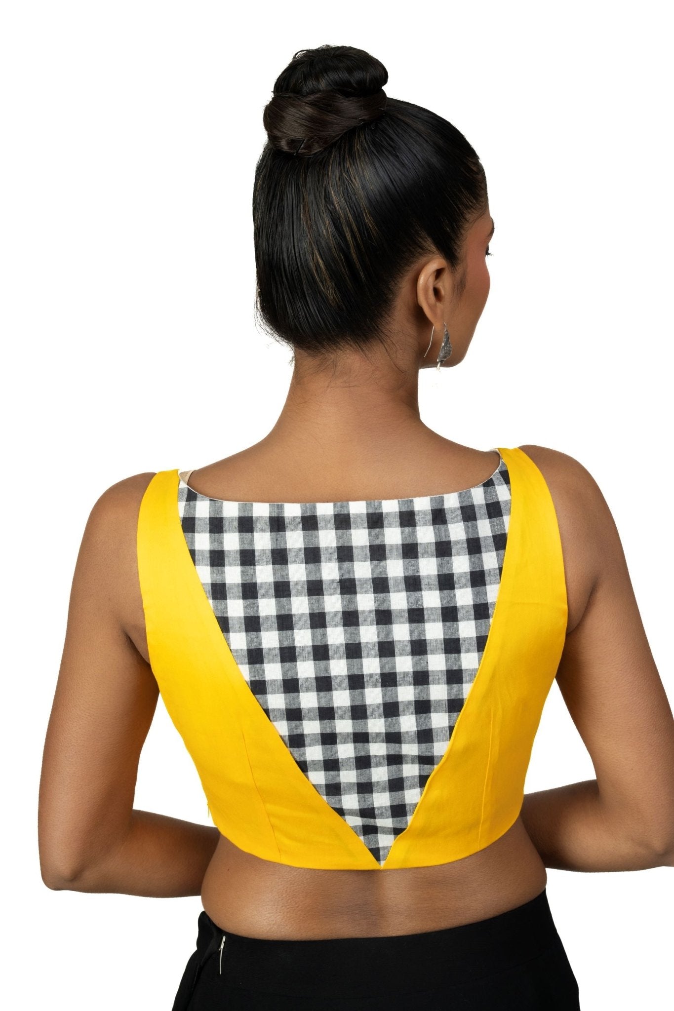 Yellow and Black Check Sleeveless Saree Blouse with Boat Neckline - Anvi Couture