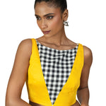 Yellow and Black Check Sleeveless Saree Blouse with Boat Neckline - Anvi Couture