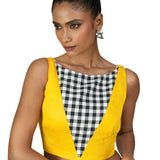 Yellow and Black Check Sleeveless Saree Blouse with Boat Neckline - Anvi Couture