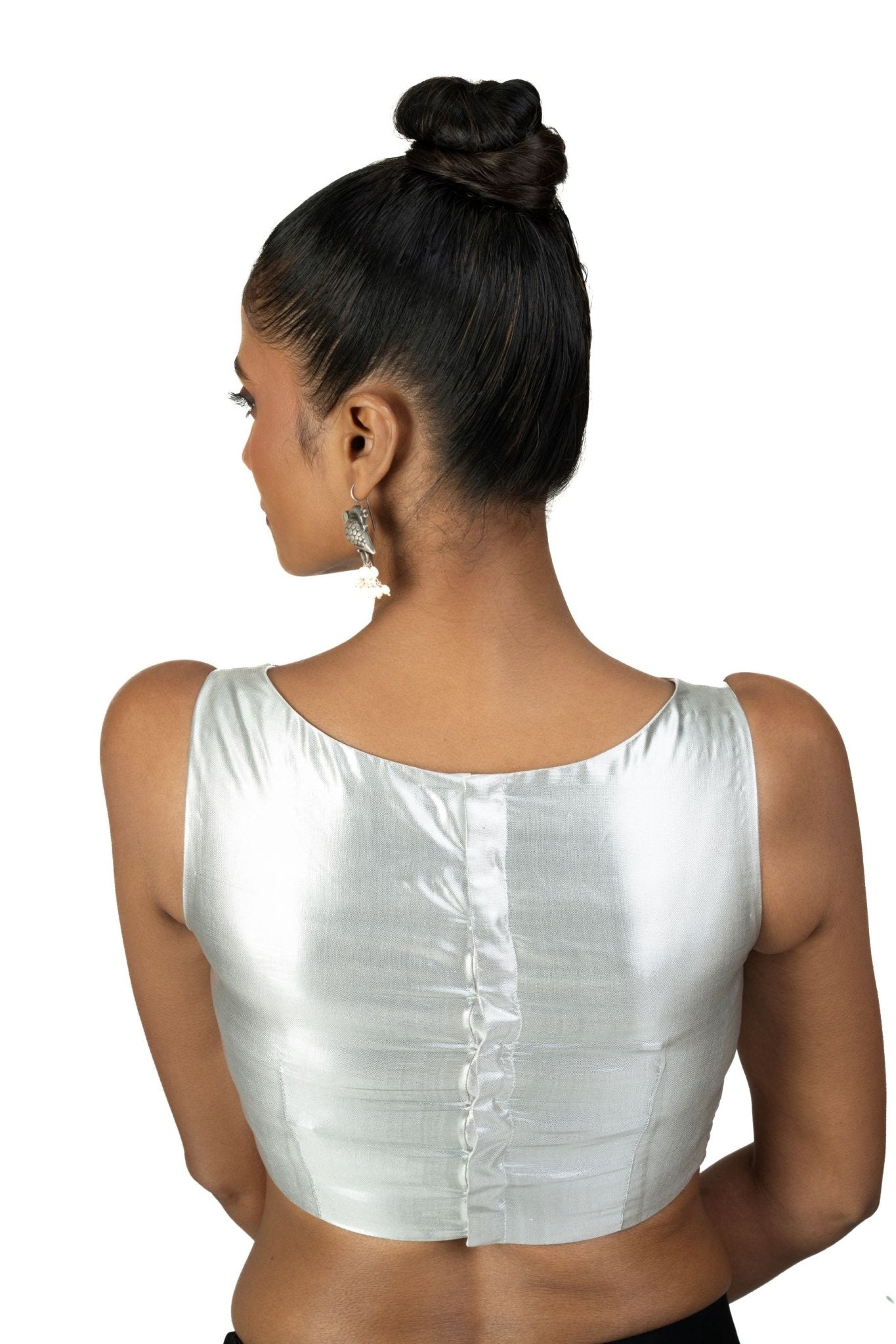 Silver Sleeveless Saree Blouse with Boat Neckline - Anvi Couture