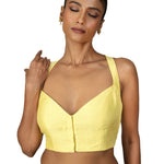 Butter Yellow Sleeveless Saree Blouse With Queen Anne Neckline - Anvi Couture