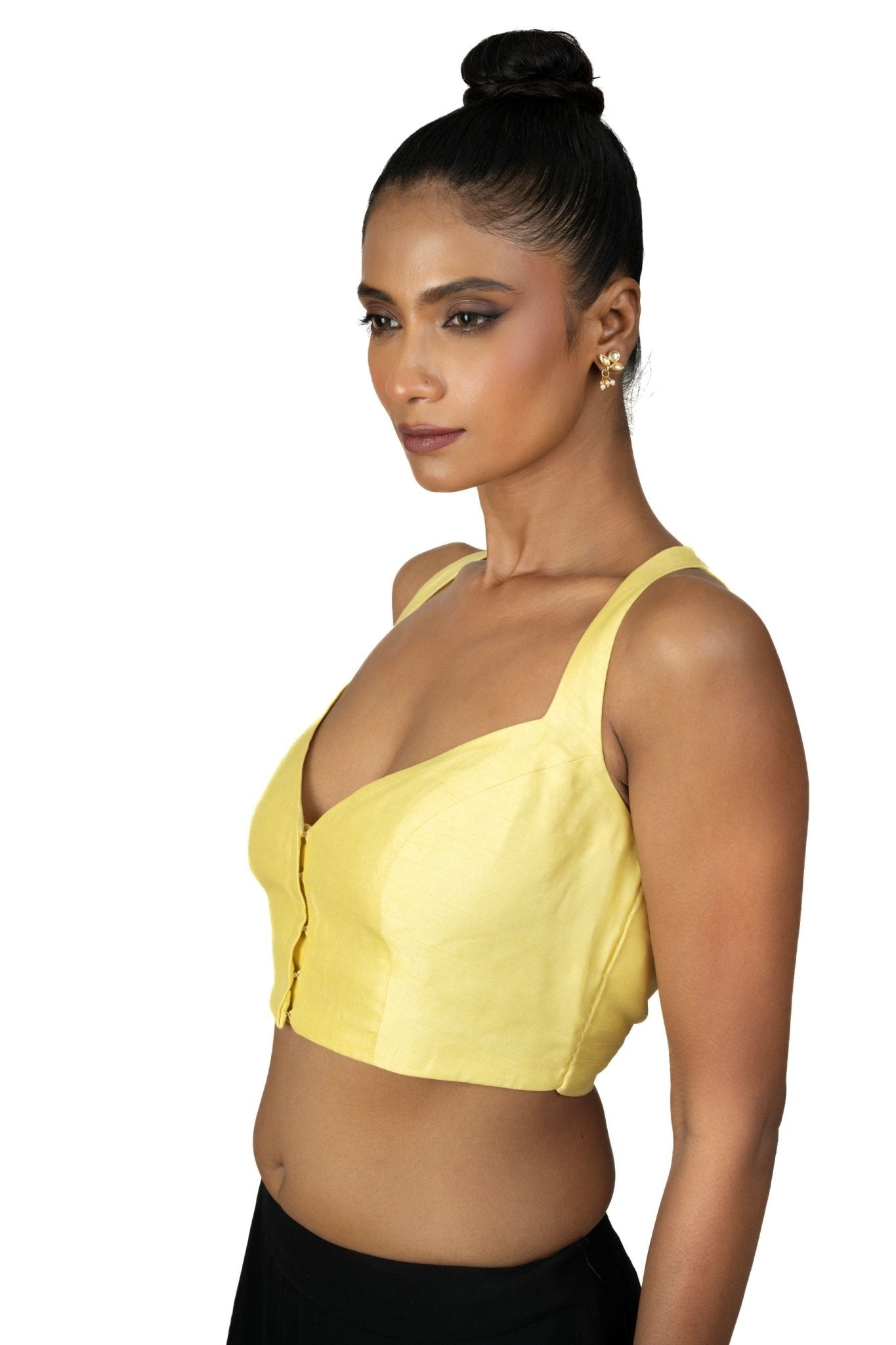 Butter Yellow Sleeveless Saree Blouse With Queen Anne Neckline - Anvi Couture