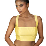 Butter Yellow Sleeveless Saree Blouse With Square Neckline - Anvi Couture