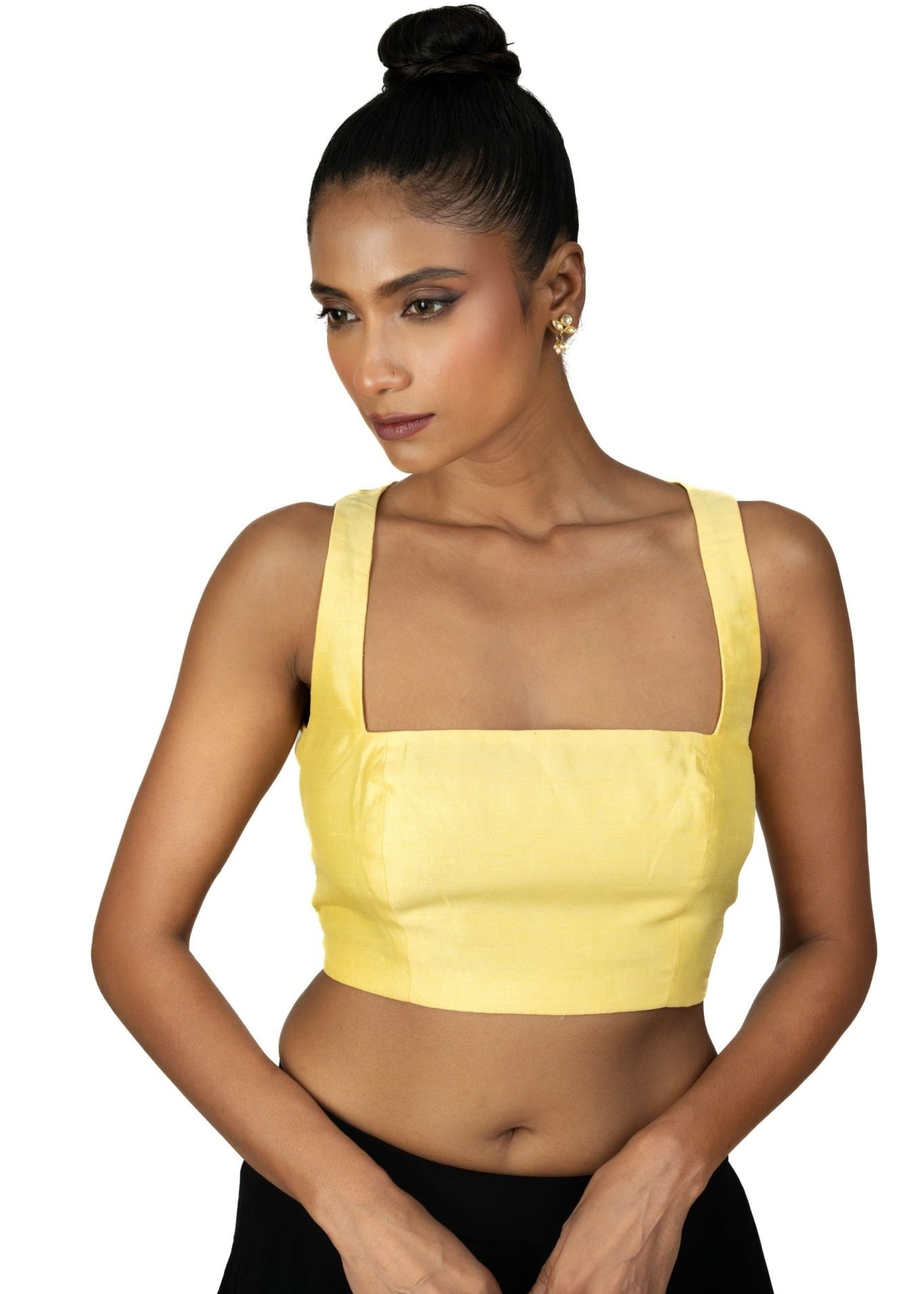 Butter Yellow Sleeveless Saree Blouse With Square Neckline - Anvi Couture