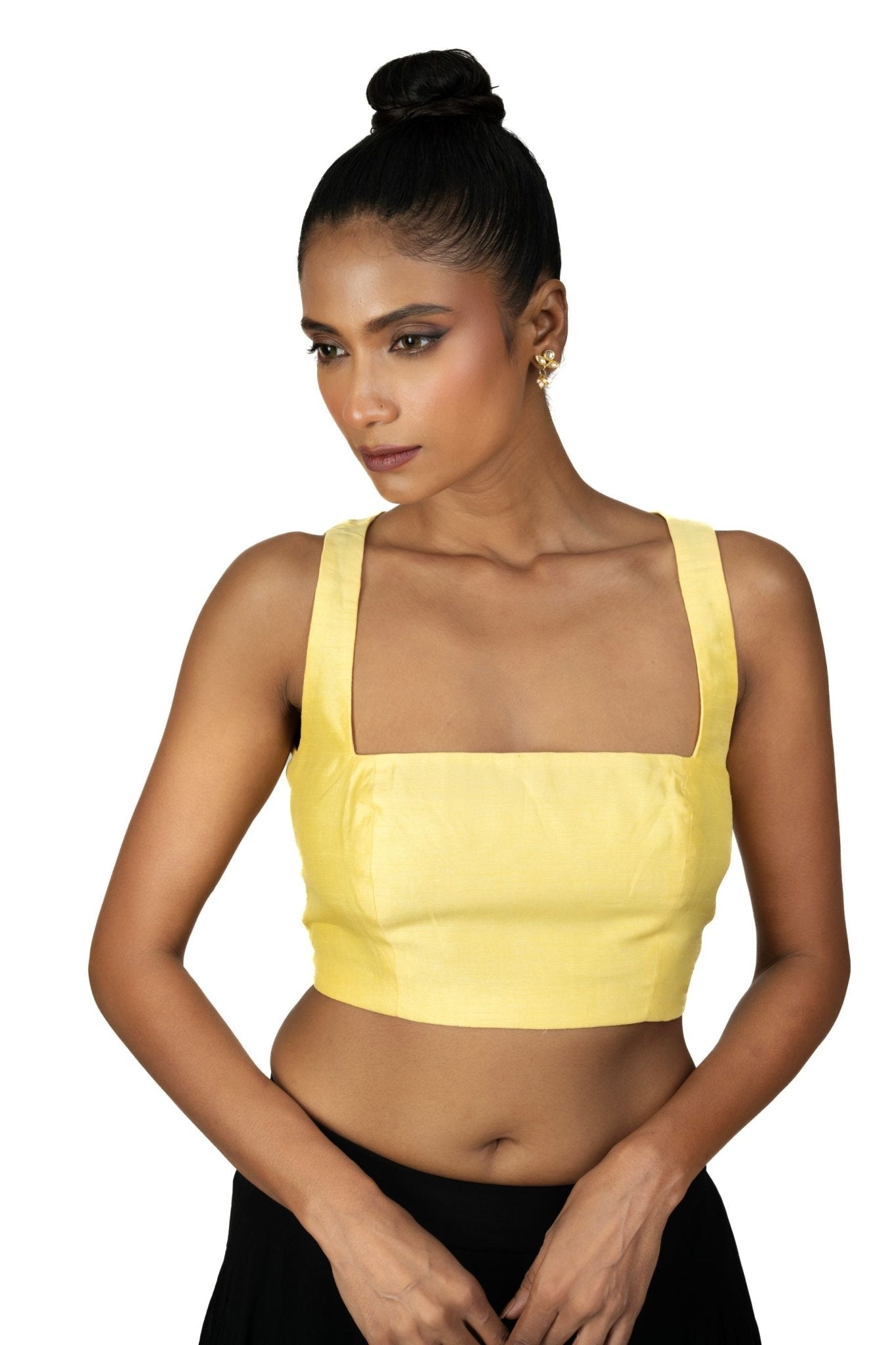 Butter Yellow Sleeveless Saree Blouse With Square Neckline - Anvi Couture