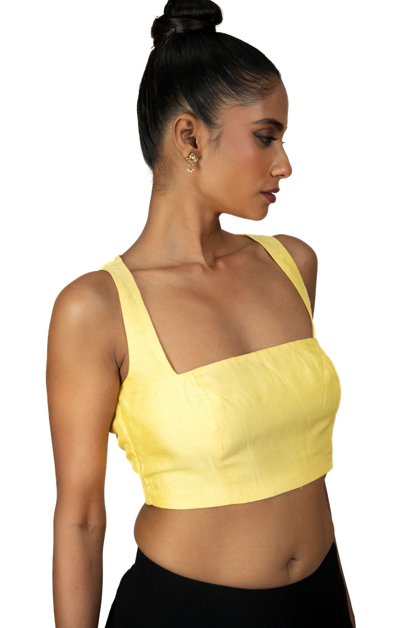 Butter Yellow Sleeveless Saree Blouse With Square Neckline - Anvi Couture